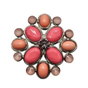 Vintage Pink Peach Floral Medallion Brooch Pin With Rhinestone Accents